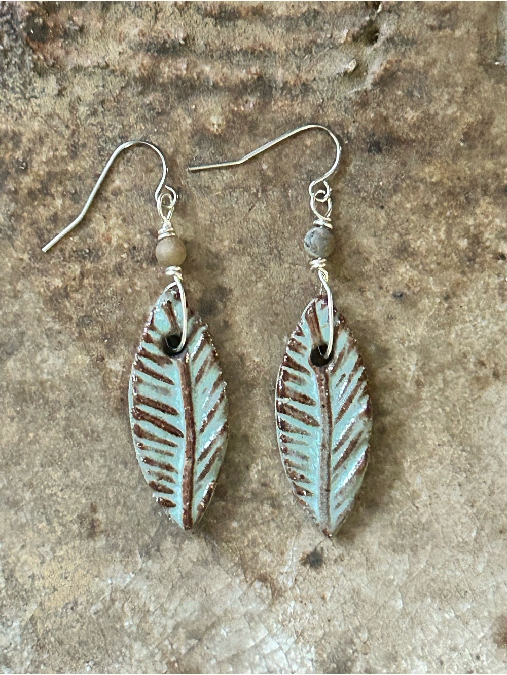 Handmade Ceramic Beads with Turquoise Patina Leaf Drop Earrings